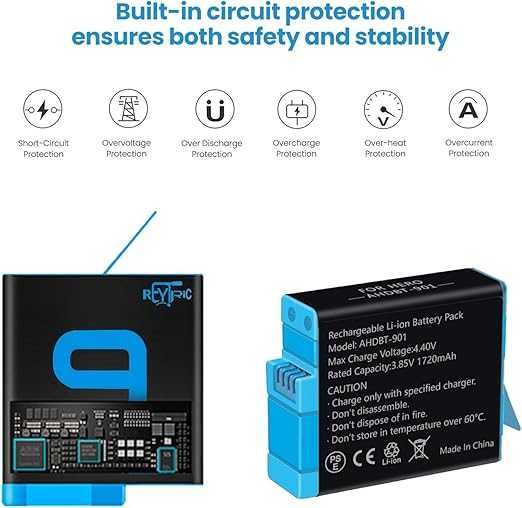 REYTRIC Батерии, комплект от 3 броя и 3-канално зарядно за GoPro Hero