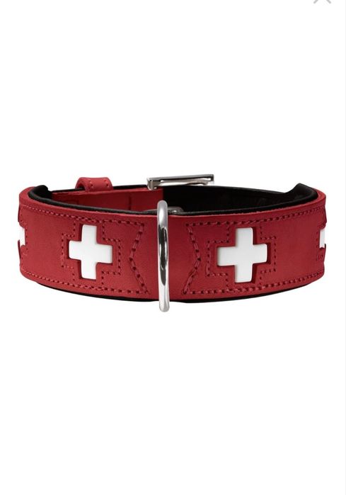 Zgarda  piele/HUNTER Swiss pentru Caini, Piele, Cruce Elvetiana, Rosu/Maro inchis/ disponibil 4 mărimi