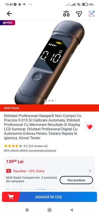 Etilotest Profesional  Non Contact Cu Precizie 0.015 Si Calibrare Automata,Display LCD Iluminat