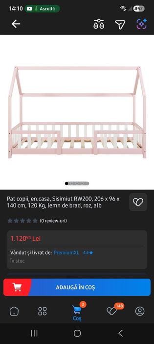 Pat cu saltea 90x200, căsuță, din lemn de brad, Montessori, roz