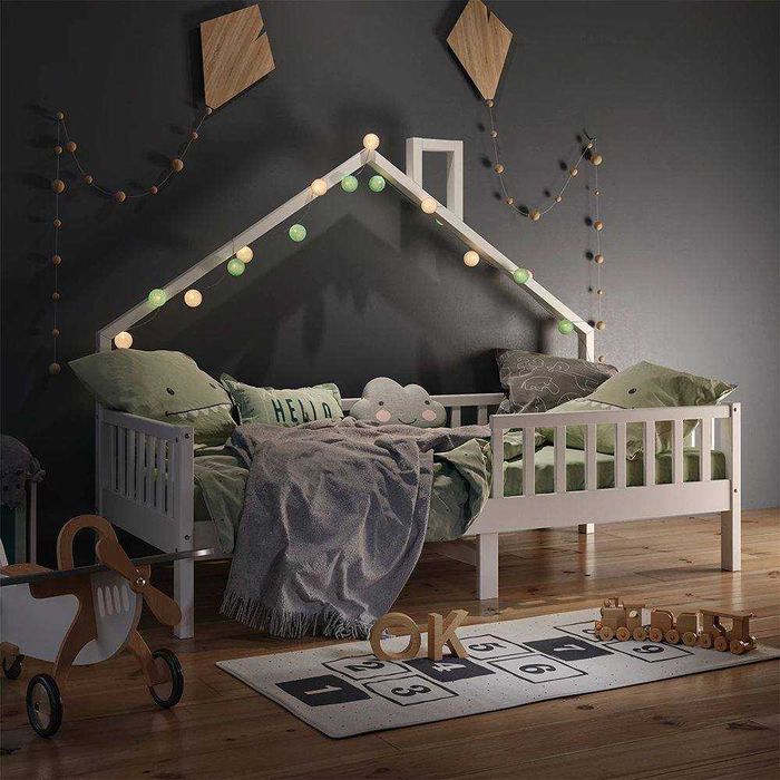 Pat tip căsută Gri + Saltea Emma 90x200 cm