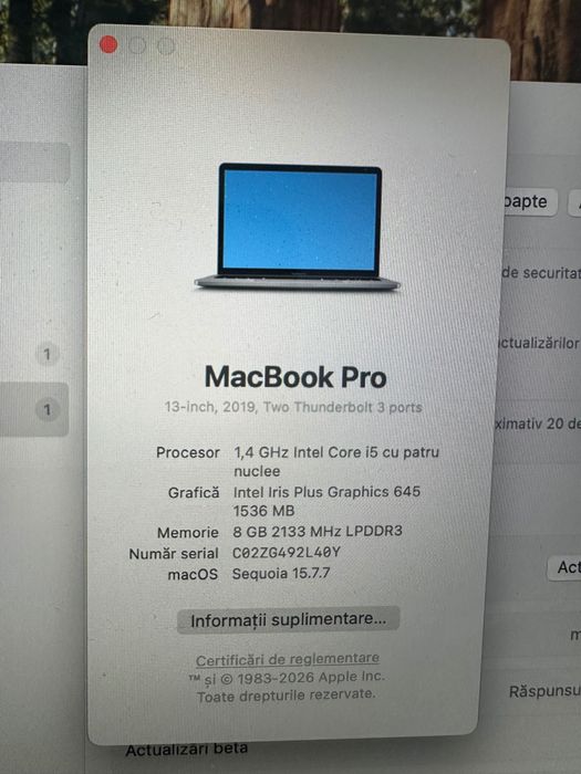 MacBook Pro 2019, 13-inch, Two Thunderbolt 3 ports, 1,4 GHz Intel Core I5 patru nuclee, 8 GB RAM 2133 MHz LPDDR3, Intel Iris Plus Graphics 645 1536 MB