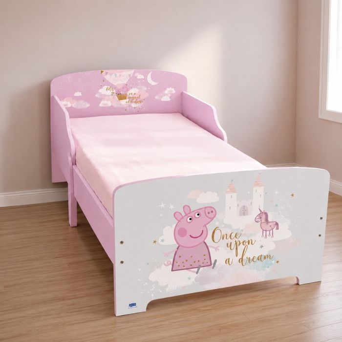 Детско легло Peppa Pig 140x70 см с ламелна основа – Розово легло с Пепа Пиг, замък и еднорог
