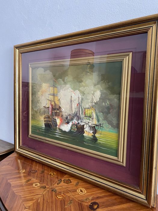 Tablou Vintage Pictura Ulei pe Panza Rama Lemn Razboi Naval