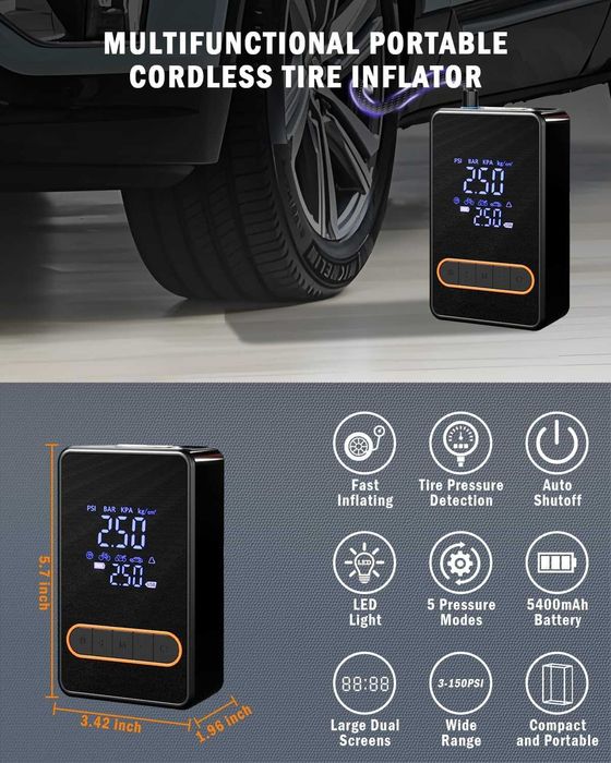 Акумулаторен мини копресор, Power Bank, Автоматично изключване, LED