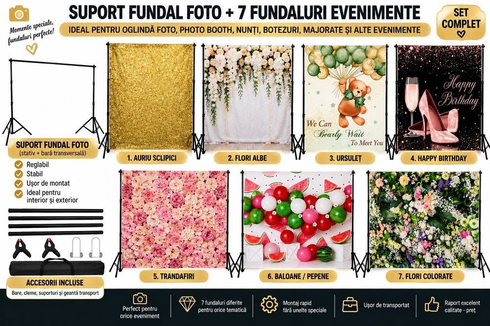 Suport fundal foto + 7 fundaluri Photo Booth / Oglindă Magică