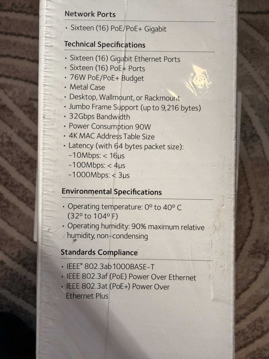 Switch Profesional Netgear GS116LP, 16 Porturi Gigabit PoE+ – NOU, SIGILAT, Garanție pe Viață