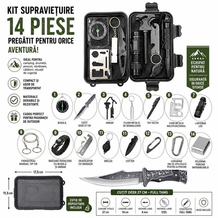 Kit supravietuire 14 piese, cutit Deer 27 cm, lanterna LED, busola, amnar, bratara paracord, camping, drumetii, outdoor, negru