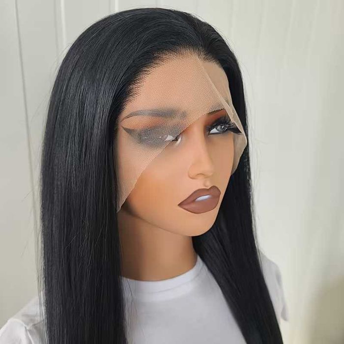 Елегантна черна права перука 70 см с Lace Front дантелен път 13×4×1