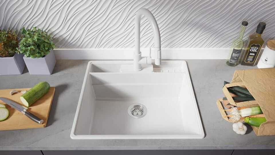 Бяла кухненска мивка от гранит Ню Йорк 60 Multispace 580 x 530 мм