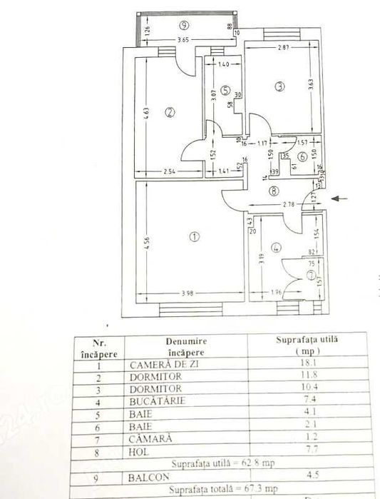 Apartament cu 3 camere decomandat etaj 3