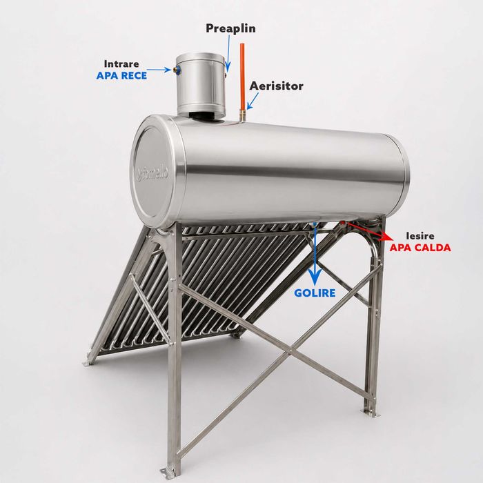 Panou solar nepresurizat Fornello, rezervor inox 122 litri, 15 tuburi
