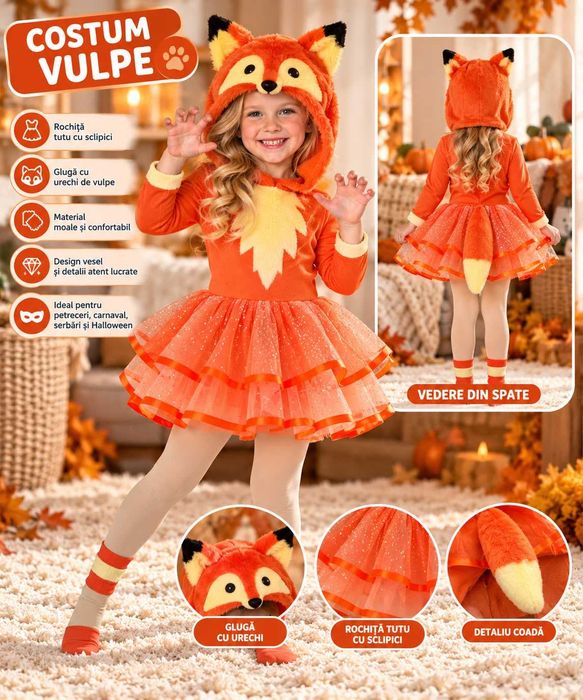 Costum Vulpita, fetite, rochie tutu, 3-8 ani, NOU, serbare, toamna