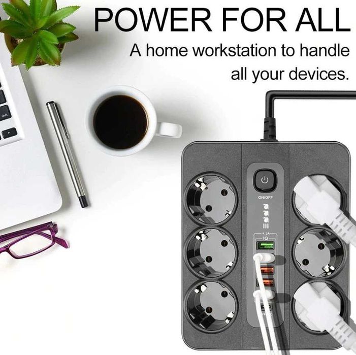 Разклонител за контакт 220V ,6 гнезда, 5 USB, Type C Digital , със защита, 3USB