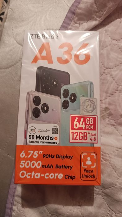 Продам сотовый телефон ZTE A36 новый в коробке, чехол, зарядка на 64