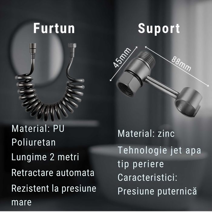 Set Dus Igienic Gri Antracit pentru WC/Bideu – Robinet Dublu Cald/Rece