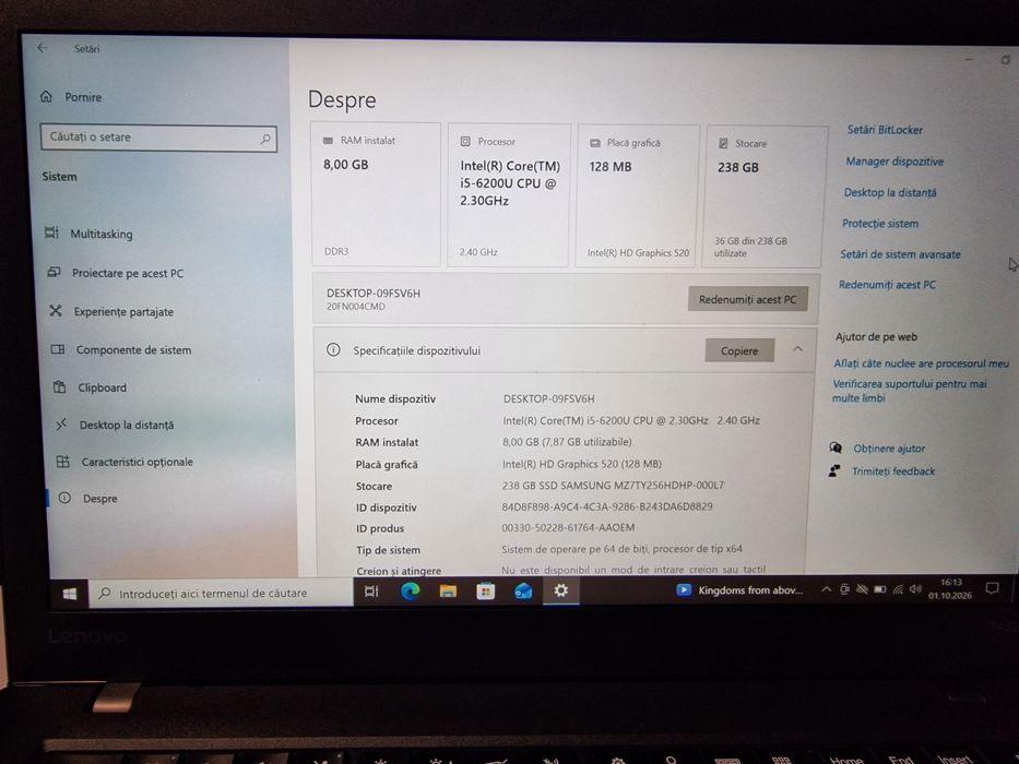 Lenovo ThinkPad T460 / Intel i5 Gen 6 / 8GB RAM / 256GB SSD / Tastatură iluminată / 2 Baterii