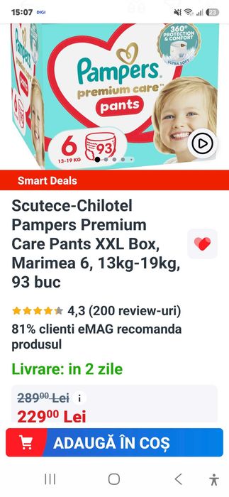 4 baxuri sigilate + 19 buc Scutece-Chilotel Pampers Premium Care Pants Nr. 6 (13-19 kg)