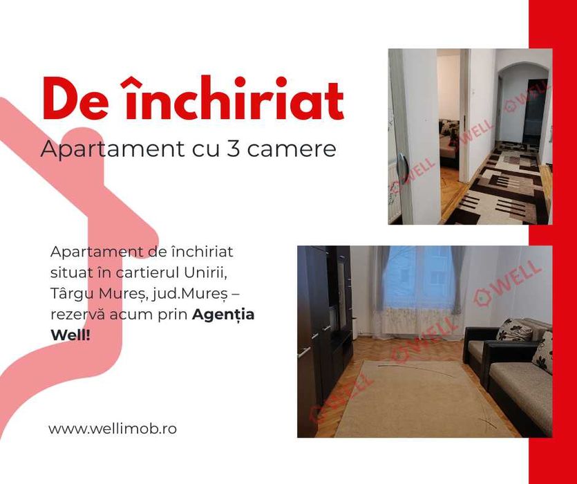 Apartament de închiriat, 3 camere – locație excelentă!