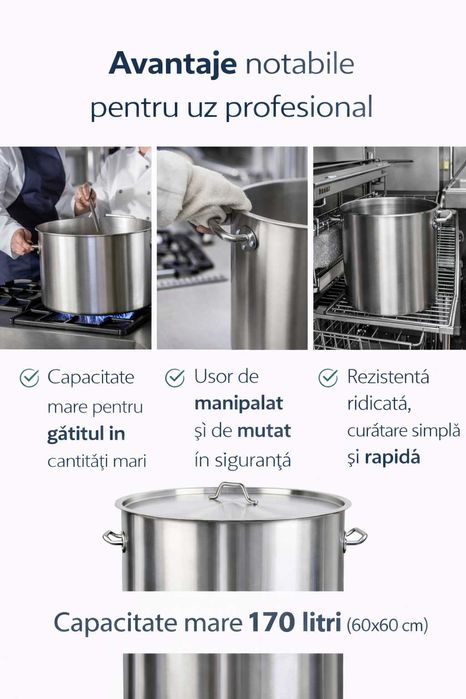 Oala inox profesionala 170L 60x60 cm pentru horeca catering