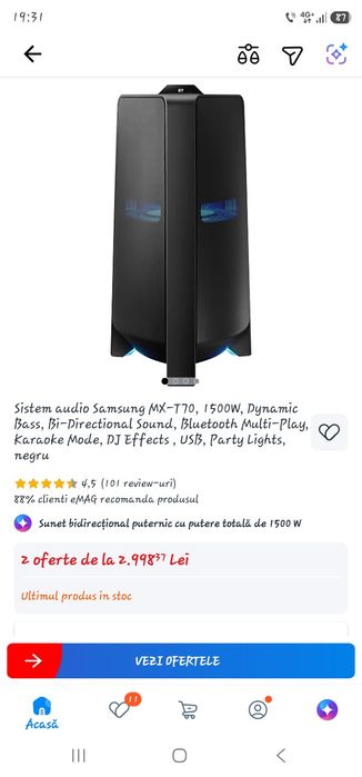 Sistem audio Samsung MX-T70, 1500W, Dynamic Bass, Bi-Directional Sound, Bluetooth Multi-Play, Karaoke Mode, DJ Effects , USB, Party Lights, negru