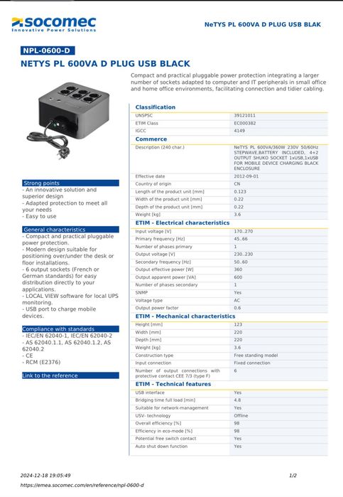 UPS - Socomec  NETYS - PL 600