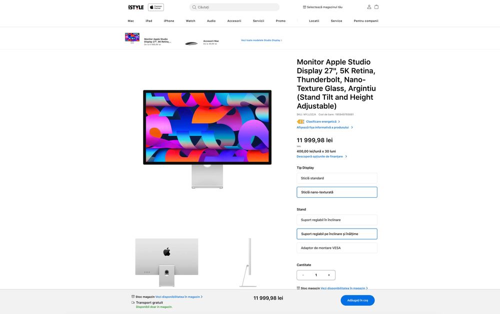 Apple Studio Display 5K 27" Nano-Texture + Suport reglabil pe inaltime