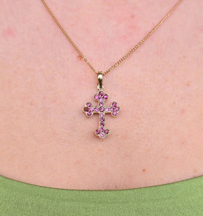 Cruce din aur galben 14k cu safire roz naturale