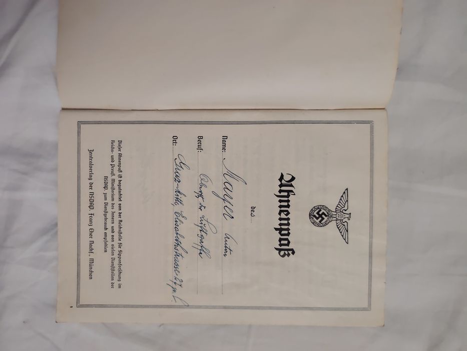 Ahnenpass (pașaport genealogic) nazist din ww2