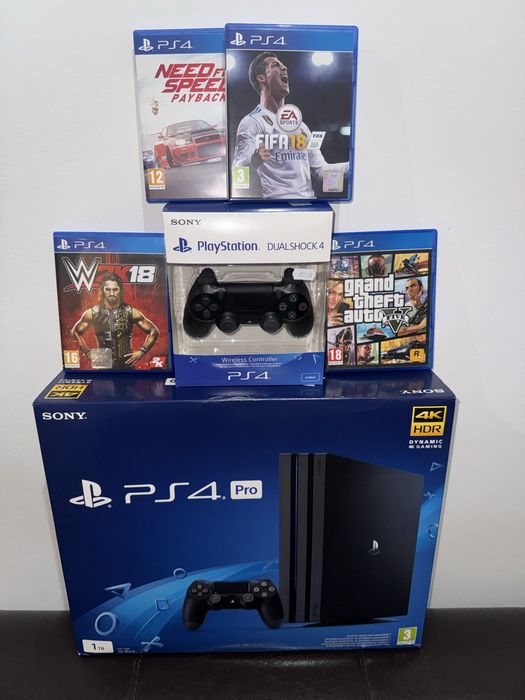 PlayStation 4 Pro (PS4 Pro) – като нов, с 2 джойстика + 4 игри /GTA V,                           Need for Speed Payback,   WWE 2K18,   FIFA 18/