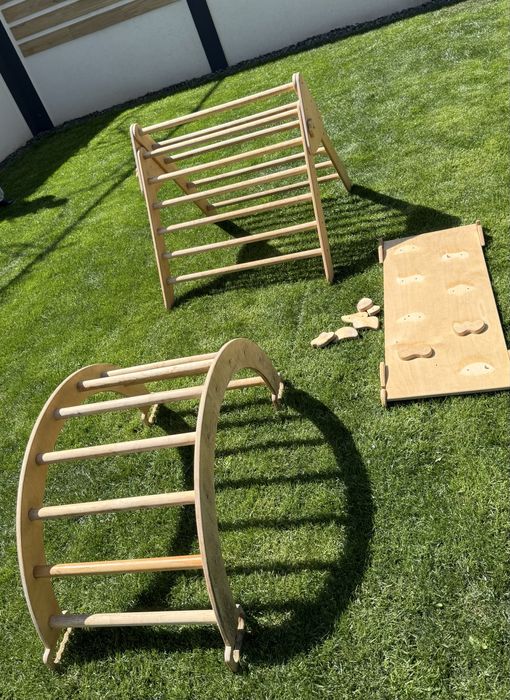 Set de catarare mare 3 in 1, Triunghi Pikler cu Rampa si Arc Escaladare, 2-7 ani, lemn