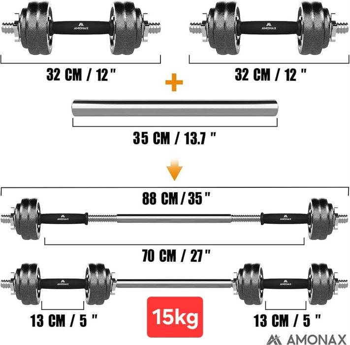 15кг/20кг Комплект 2бр Дъмбели + Щанга, чугун, стомана, Amonax