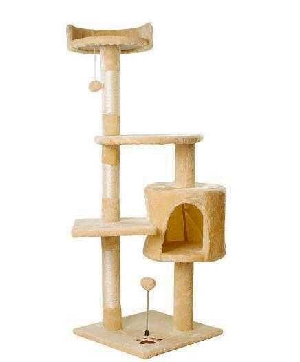 Котешко дърво със хралупа и сизалени стълбове бежово