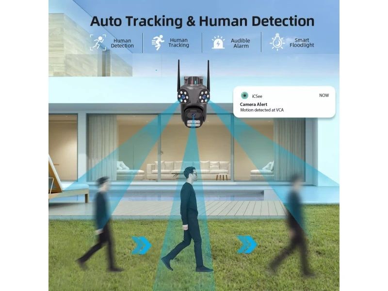 Тройна външна въртяща WiFi AI камера 10MP с три обектива, ICSee, Черна