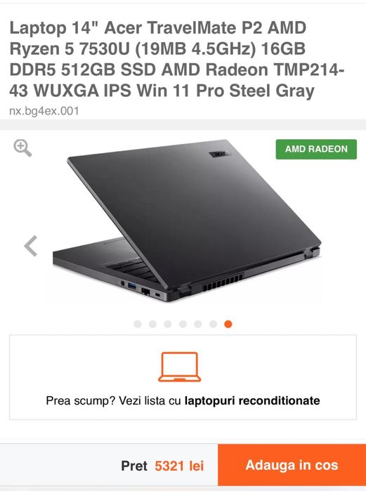 Vand Laptop 14" Acer TravelMate P2 nou AMD Ryzen 5 7530U (19MB 4.5GHz) 16GB DDR5 512GB SSD AMD Radeon TMP214-43 WUXGA IPS Win 11 Pro Steel Gray