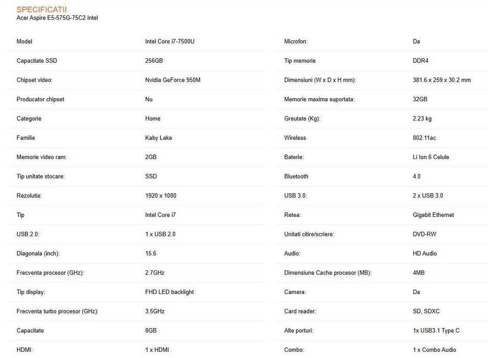 Acer Aspire E5-575G Intel i7 SSD 256GB 8GB RAM nVidia GTX950 2GB Win11