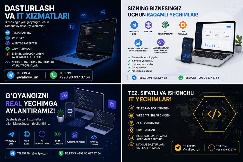 Telegram Bot, Web Sayt va AI Dasturlash Xizmatlari