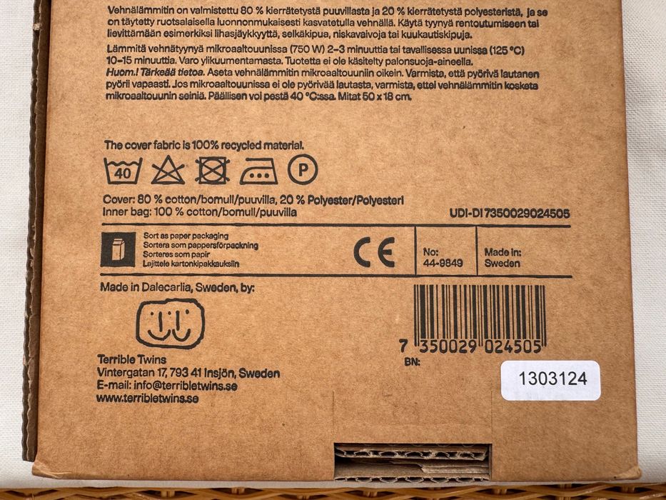 Perna termica din grau organic (18 x 50 cm, fabricata in Suedia)