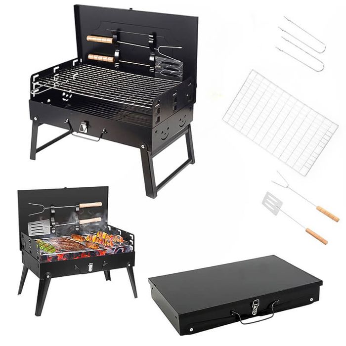 Преносимо барбекю, модел куфарче с капак, 3 височини, с аксесоари