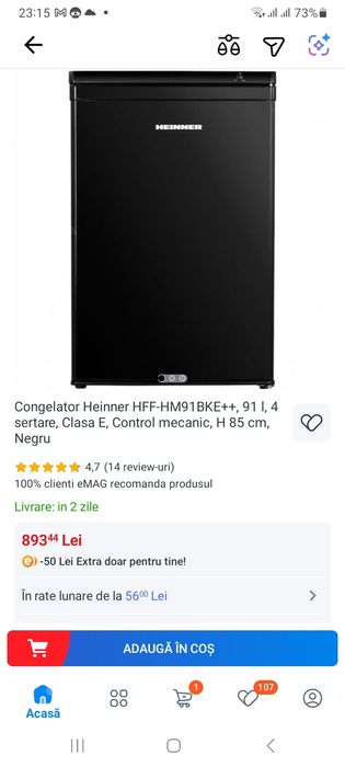 Congelator Heinner HFF-HM91BKE++, 91 l, 4 sertare,