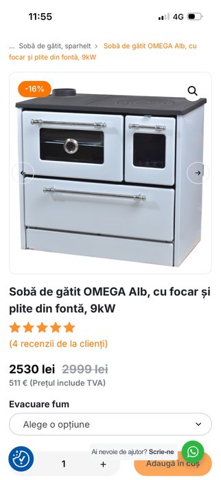 vand soba de gatit Omega alb,cu focar si plita din fonta,9kw.
