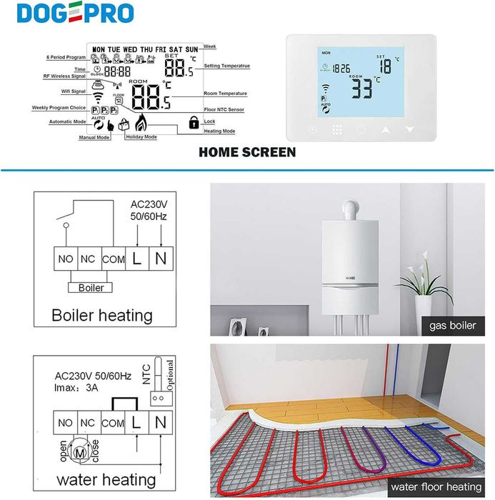 Termostat smart Wifi pentru centrala/boiler cu Alexa și Google, Funcție Programabilă Calitate inalta, Italia