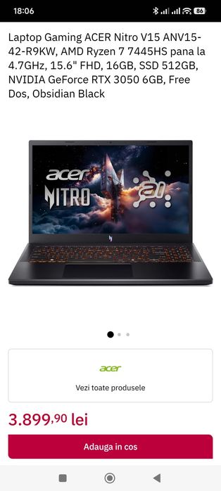 Gaming Acer Nitro V15AI, Ryzen 7-7445, 16Ram, RTX 3060