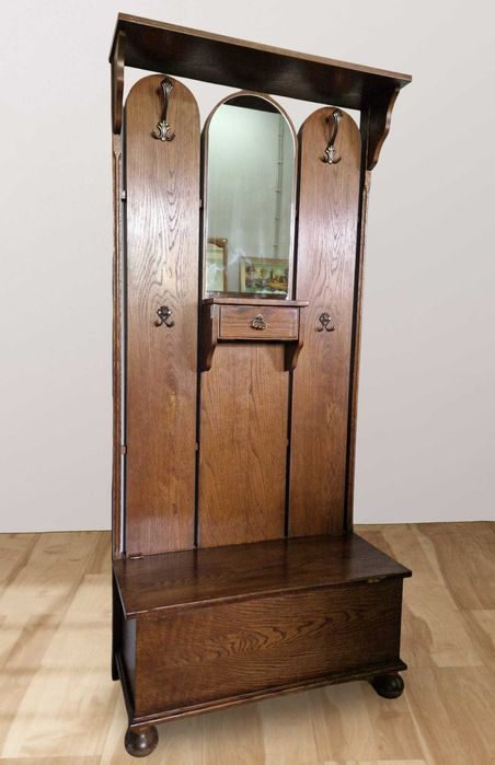 Винтидж дървено портманто с огледало и сандък