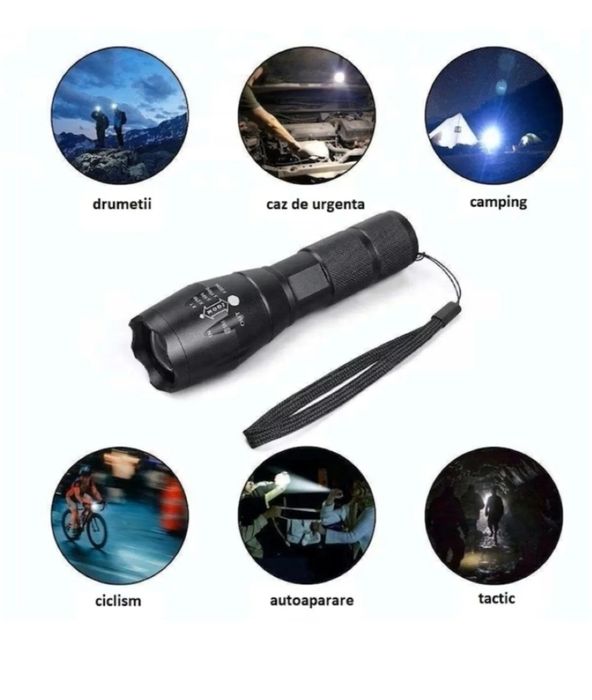 Lanterna cu acumulator 18650 3,7 V sau baterii /acumulatori 3x1,5V AAA