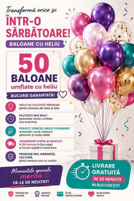 Baloane Heliu 50 bucăți. Livrare 30 minute Gratuit