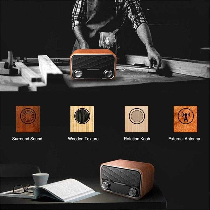 Radio portabil retro Bluetooth FM AUX difuzor wireless baterie 2000mAh