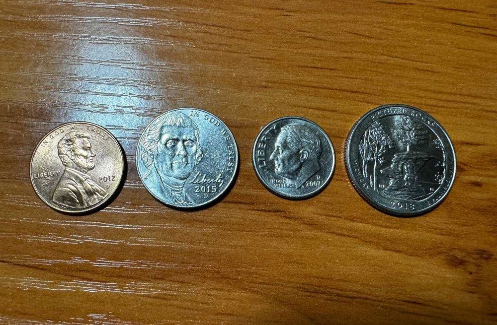 Американские монеты, 1 цент, 5 центов, 10 центов, 25 центов