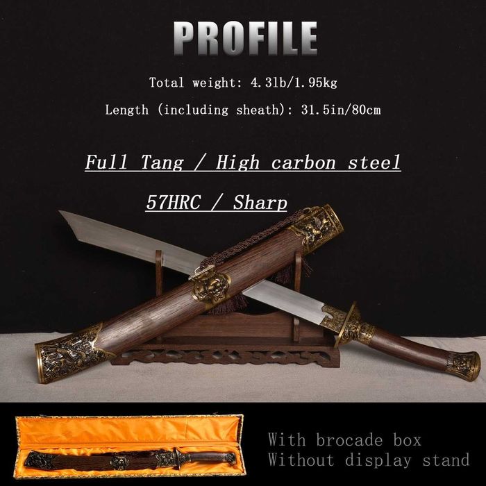 Jian Традиционен остър китайски меч с дървена кания и кутия с резета
