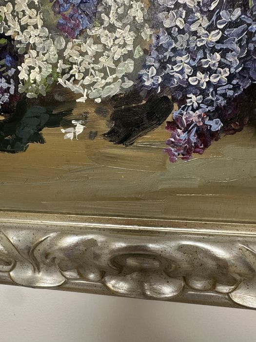 Cos cu liliac pictura pe carton fara defecte rama argintie